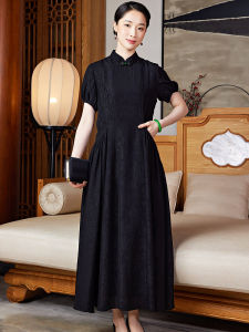 Xiyuefeng Silk Cheongsam Dress Black Chinese Style Summer Long Skirt Renovated Traditional Woven  Silk Womens Dress