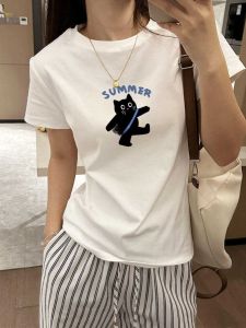 Fashionable Pure Cotton Short Sleeve T-Shirt Womens Cat Slim Fit Summer New Style Korean Version round Neck Body Shirt