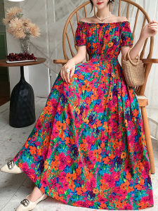 Summer Floral Cotton Silk Dress Womens Holiday Beach Long Skirt Print Short Sleeve One Shoulder Large Hem Dress