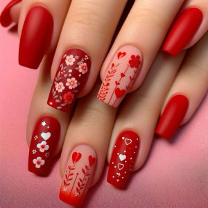 24pcs Wearable Brown Ballet Press on Nails Art Mid-length Coffin False Nail Flower Design Nails Sets Fashion Square Fake Nail