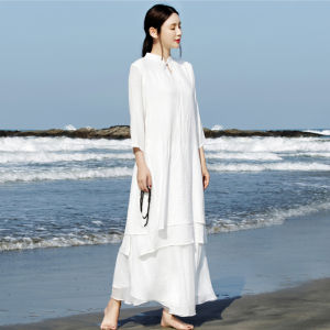 Retro Large Size Womens Long Cotton Linen Dress with Seven-Quarter Sleeves And Wind Disk Buckle Simple Chic Autumn Skirt