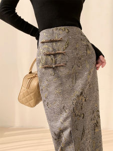 WTTAI Floral Embroidery Gold Leaf Half-length Skirt Womens Autumn Winter High Waist Straight Cut Midi Skirt Retro Style