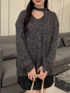 QINGNAER | Laid-Back Loose V-Neck Sweater Elegant Youthful Ribbon Design