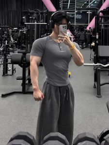 OUMULONG | Slimming Sleeve Henley Neck Summer Broad-shouldered Fitness T-shirt