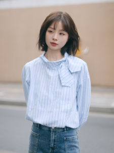 Textured Blue Striped Casual Shirt Womens Early Autumn Long Sleeve Design Sense Leisure Quality Top with Bow Tie