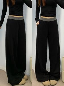 High Waist Black Casual Pants Womens Autumn New Style plus Size Slimming Elastic Wide Leg Long Trousers Sporty Style Pocket Detail