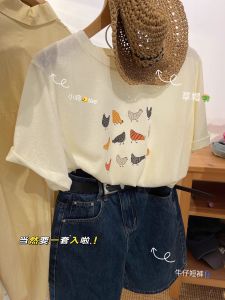 ภาพวาดสีสันสดใส Little Bird การ์ตูนผ้าฝ้ายเสื้อยืดผู้หญิง Cool Snowflake ผ้าฝ้ายแขนสั้นหลวม Fit Slim ชิ้นเดียว