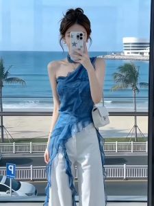 Loowmane | Irregular Ruffle Dot Off-Shoulder Slimming Tank Top