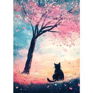 Jigsaw Puzzle 1000Pieces Black Cat Cherry Blossom Tree Japan Sakura Artwork Stress Relief Puzzle Wall Art Decor Gift