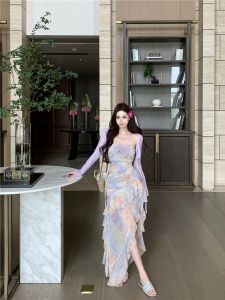 VKSOD | French Floral Print Knitted Tube Top Dress Womens Summer 2025 Tie Dye Sun Protection Two-Piece Set Long Sleeve Round Neck