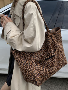 Laid-back Leopard Print Canvas Tote Bag Womens Autumn Winter Single Shoulder Casual Large Capacity Commuting Vintage Tote Bag