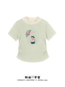 Ballet Style Bear ลูกไม้ เสื้อยืดแขนสั้นผู้หญิง หวาน Sister No เอว Exposure ความยาวไหล่ เสื้อท่อนบน New Style ผ้าฝ้าย Blend