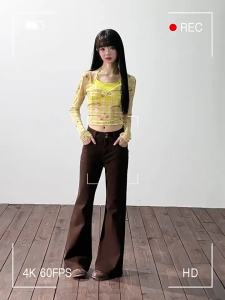 MZVZ | Vintage American Brown Double Button Flared Jeans Loose Fit