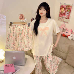Floral Butterfly Knot Womens Sleepwear Short Sleeve Long Pants Three Piece Set Summer Sweet Style Home Clothes Outdoor Wearable