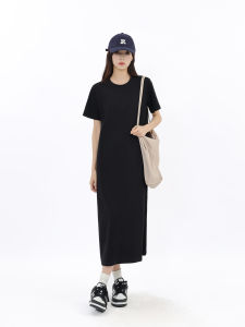 ชุดเดรสสีดำแขนสั้นสำหรับผู้หญิง ทรงหลวม สไตล์เกาหลี คอตั้ง กระโปรงทรงเอ ผ้าฝ้ายผสมโพลีเอสเตอร์