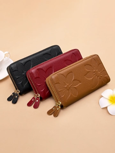 MISTLETOE Ladies Cow Genuine Leather Long Phone Wallet Large Capacity Dual Zipper Money Organizer Clutch Bag for Woman 2025 Black Red Color
