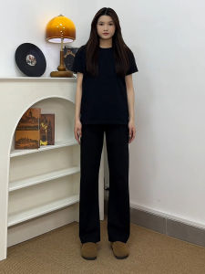 กางเกงขายาวทรงตรงผ้าไหมน้ำแข็งสีดำ ทรงสลิมฟิต กางเกงขายาวผู้ชาย กางเกงขายาวทรงหลวมสบาย ๆ สำหรับฤดูร้อน