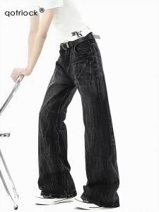 QOTRIOCK | Retro Washed Lightning Pattern Straight Jeans Cleanfit