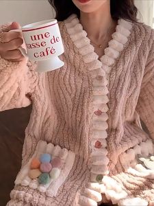 ฤดูใบไม้ร่วงและฤดูหนาวผ้าสักหลาดหวานใส่ในบ้านชุดเดรสสายรุ้งสไตล์เกาหลีชุดนอนที่อบอุ่นหนา