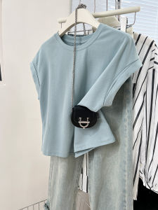 Mint Green Sleeveless Loose Fit Womens T-shirt Short Sleeve Summer Design Unique Style Top Bell Sleeve round Neck Cotton Blend