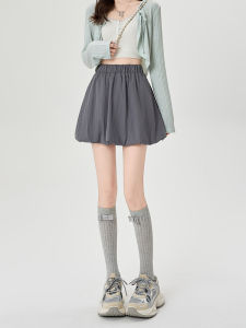 Gray Flower Bud Short Skirt Womens Summer Casual Versatile Anti-Light A-Line Mini Skirt for Small Stature Puffy Half-length Skirt