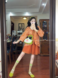 Áo Sơ Mi Dài Tay Màu Cam Cỡ Lớn Mùa Xuân Cho Nữ Sinh Thời Trang Quần Áo Công Sở Hai Mảnh Váy Midi Cạp Cao Cổ Chữ V