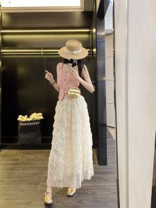 Elegant High Waist Mesh Skirt Womens Fashion Summer New Style Leathercat Long Skirts Slimming Effect Sweet Country Style