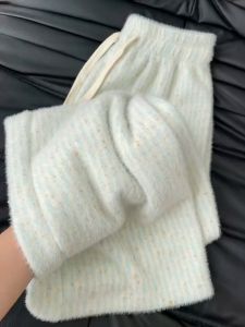 Blue Striped Fluffy Wide Leg Pants Womens Autumn Winter High Waist Drape Loose Small Size Casual Pants Comfortable Commute Style