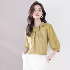 Senior Sutera Tiruan Hangzhou Ibu a Barat Warna Murni T T-Shirt Pertengahan Umur 2023 Pakaian Wanita Kemeja Pullover Sederhana Kolar Bulat Lengan Tiga Suku Musim Panas ， Mudah ， Berkualiti Tinggi ， Popular