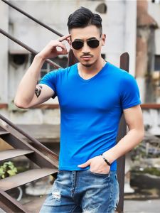Modal Cotton Ultra-Thin Stretch Home Casual Short Sleeve T-Shirt Mens Undershirt V Neck Colorful Blue Quick-Drying Activity Short Sleeve