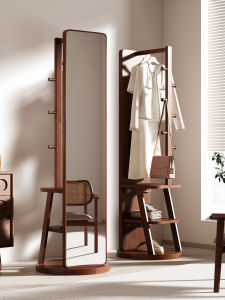 TINGXU | French Retro Style Rotatable Wooden Clothes Rack and Full Length Mirror