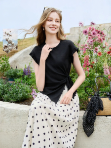 XIANGYING | Waist-cinching Irregular Hem Flared Trim Cotton T-Shirt Womens