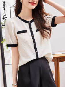 WANGGONGZHU | เสื้อเชิ้ตผ้าชีฟองแขนสั้นทรงหลวมสำหรับผู้หญิงในช่วงฤดูร้อนปี 2025 ทรงหลวมๆ ปิดหน้าท้อง ดีไซน์เปิดหลัง เสื้อเชิ้ตผ้าชีฟองสไตล์ใหม่