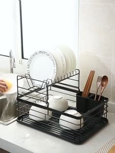 NorthGoods 2-Tier Black Dish Rack Tray for Kitchen with Utensils Cutlery Holder Drain Rack (2102)