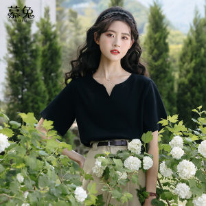 MUTU | Muteb Black V-neck Short Sleeve T-shirt Womens Trendy Summer New Design Shoulder-length Sleeve Top Korean Style Cotton Casual Wear