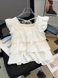 LANQIONG | Áo Sơ Mi Babydoll Cổ Vuông Tay Loe Ruffle Ngọt Ngào Phong Cách Pháp