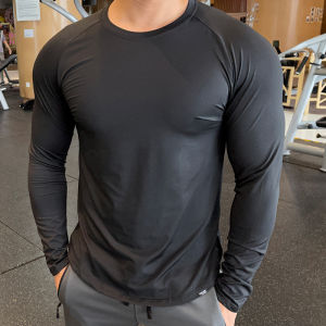 Mens Fitness Clothing Long Sleeve round Neck Training Top Quick Dry Breathable Running Exercise Sportswear with Side Slits