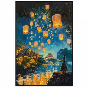Tranh lễ hội phong cảnh quê hương sơn thủy hữu tình thả đèn lồng nguyện cầu may mắn.Tranh treo tườngdán tường.CGI-1251