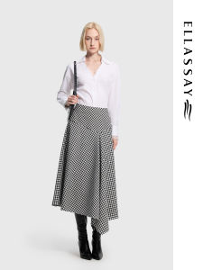 ELLASSAY | Elegant Black White Check Asymmetrical Flare Midi Skirt
