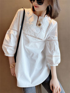 Elegant French Style Embroidered Hollow out Lantern Sleeve Shirt Womens Cotton Bubble Sleeve Blouse Summer 2024 Fashion