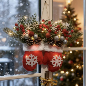 2025 Christmas Garland Creative Glove Shaped Simulated Flower Wreath Window Door Gate Decoration Door Sign Xmas Party Decoration