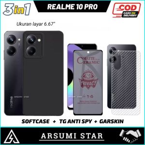 PROMO PAKET MURAH 3 IN 1 CASE REALME 10 PRO CAMERA SOFTCASE SLIM BLACK MATTE CASE LIQUIT + ANTI GORES CERAMIC ANTI SPY + SKIN CARBON 3D