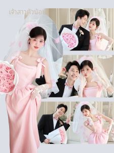 ชุดแต่งงานสีชมพูสไตล์เจ้าหญิงฝรั่งเศส ชุดเจ้าสาวที่สวมใส่ได้ในชีวิตประจำวัน ชุดเช้า ชุดรับรองความเป็นเจ้าสาว กระโปรงทรงเอ แขนกุด คอวี