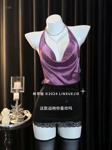 Hormones💞💞ชุดเลขาสุดเซ็กซี่ สีม่วง ดีไซน์คอฮอลเตอร์ ผูกคอ แขนกุด ส่งไวจากไทย