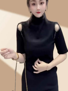 Slim Fit Half Sleeve T-Shirt Womens Fashionable Top Ageless Elegant Half High Collar Base Shirt Korean Style Polyester Fiber