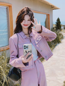 Pink Salt Series Korean Style Womens Denim Set Short Jacket Wide Leg Pants Two Piece Suit Casual Fashion Autumn Collection