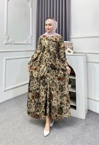 Gamis Rayon Muslimah Kekinian Busui Friendly Ld 110 Motif Floral Kancing Depan