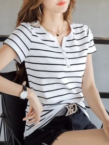 Elegant French Style Slim Fit Cotton Striped Short Sleeve T-Shirt