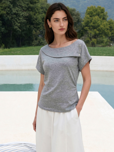 Basic House | Grey Slanted Collar Short Sleeve T-shirt