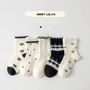 Trendy Cotton Solid Children Girls Lace Socks 5 Pairs Bow Ties Soft Breathable Striped Non-slip Half Princess Socks for Girls